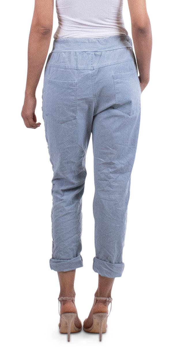 Caterina Cotton Pants - Gigi Moda - Made in Italy # blue, comfortable, comfy, cotton, cropped, gigi moda, gray, hot pink, made in italy, olive, pant, pants, silver stud, solid color, stretchy, stripes, tie at waist, white