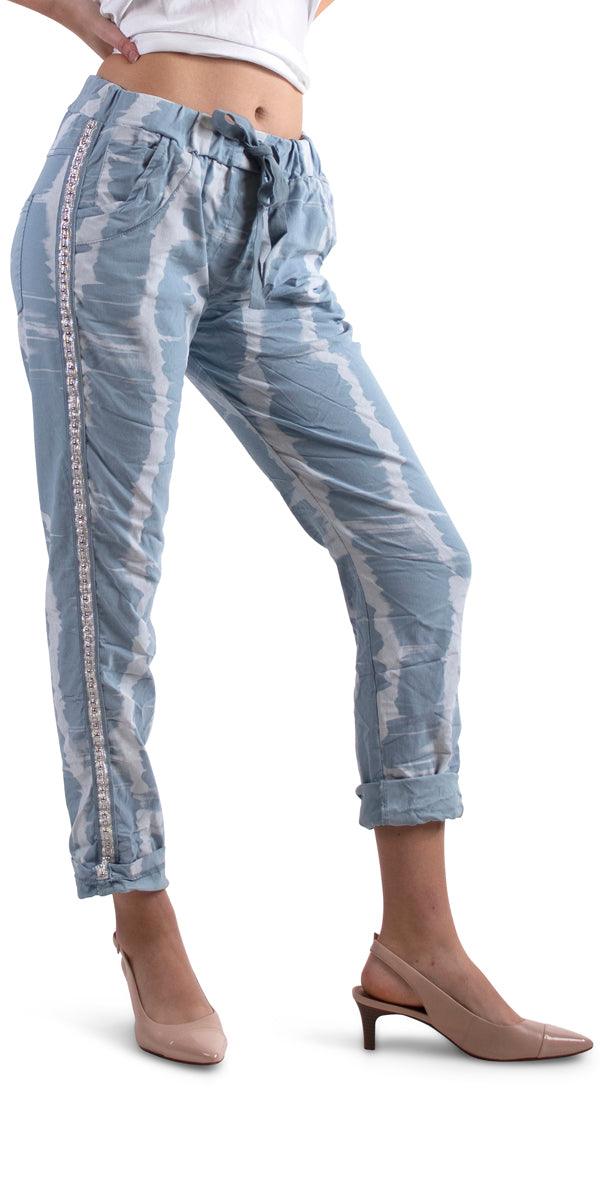 Caterina Striped Tie Dye Pants - Gigi Moda - Made in Italy # blue, comfortable, comfy, cotton, cropped, gigi moda, gray, hot pink, made in italy, olive, pant, pants, silver stud, solid color, stretchy, stripes, tie at waist, Tie Dye, white