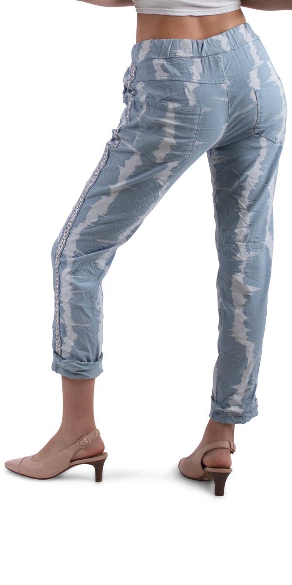 Caterina Striped Tie Dye Pants - Gigi Moda - Made in Italy # blue, comfortable, comfy, cotton, cropped, gigi moda, gray, hot pink, made in italy, olive, pant, pants, silver stud, solid color, stretchy, stripes, tie at waist, Tie Dye, white