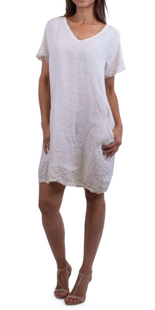 Perla Linen Dress - Gigi Moda - Made in Italy # black, blue, cream, dress, gigi moda, italian linen, linen, made in italy, pockets, raw edge, shot, summer, tunic, v-neck, white