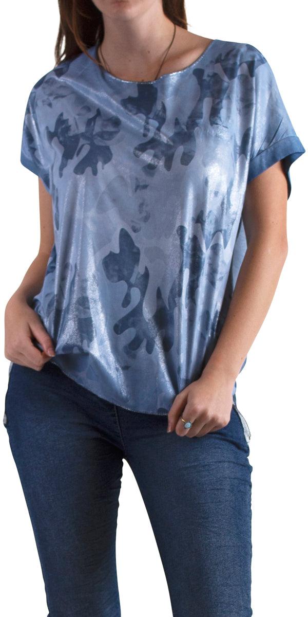 Rocco Camo Top - Gigi Moda - Made in Italy # Camo print, faux pocket, free shipping, Gigi Moda, italian top, Made in Italy, metallic, one size, OS, shiny, silver stitching, Sleeves, Top