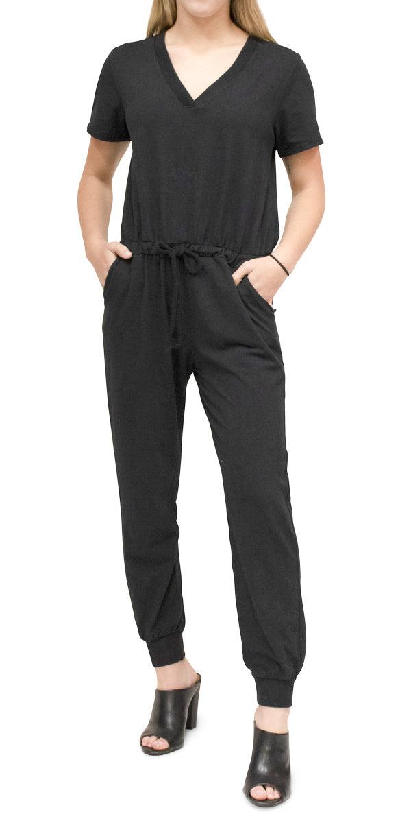 Alina Cotton Jumpsuit - Gigi Moda - Made in Italy # drawstring, drawstring pant, Gigi Moda, Jumpsuit, Made in Italy, short sleeve, stretch, v-neck
