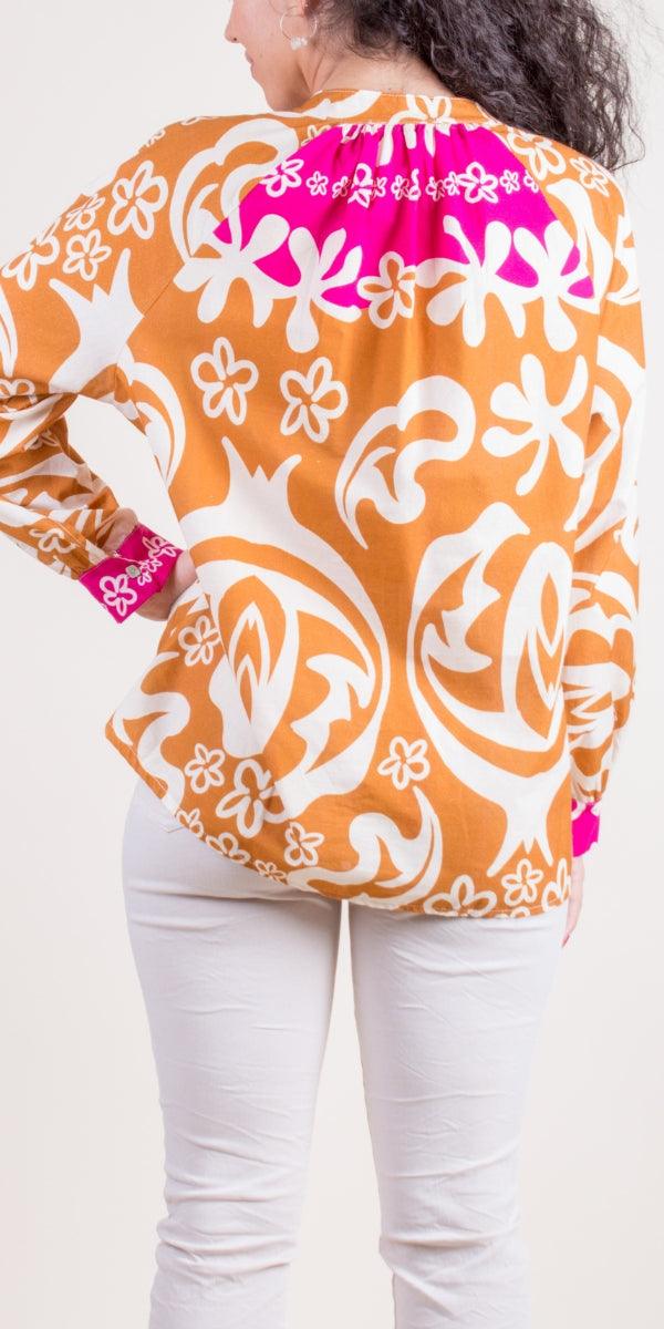 Two-Tone Aloha Print Shirt - Gigi Moda - Made in Italy # 100% Cotton, aloha print, button down, front tie, Gigi Moda, italian apparel, italian brand, Italian Clothing, italian shirt, Made in Italy, mandarin collar, online shopping, OS, shirt, shop gigi moda, Top