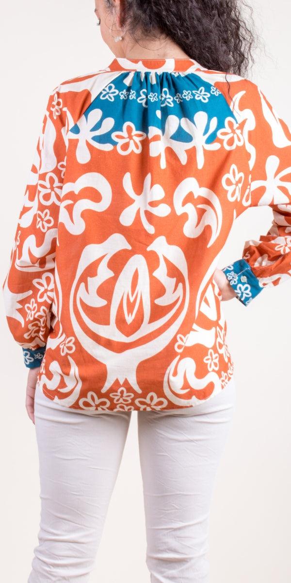 Two-Tone Aloha Print Shirt - Gigi Moda - Made in Italy # 100% Cotton, aloha print, button down, front tie, Gigi Moda, italian apparel, italian brand, Italian Clothing, italian shirt, Made in Italy, mandarin collar, online shopping, OS, shirt, shop gigi moda, Top