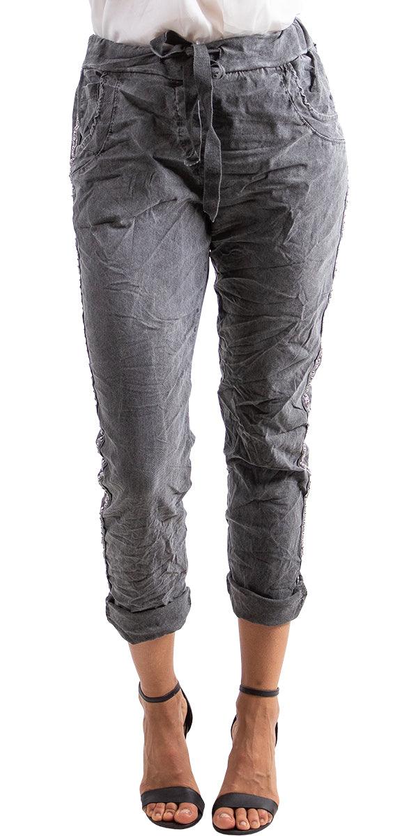 Caterina Cotton Pants - Gigi Moda - Made in Italy # blue, comfortable, comfy, cotton, cropped, gigi moda, gray, hot pink, made in italy, olive, pant, pants, silver stud, solid color, stretchy, stripes, tie at waist, white