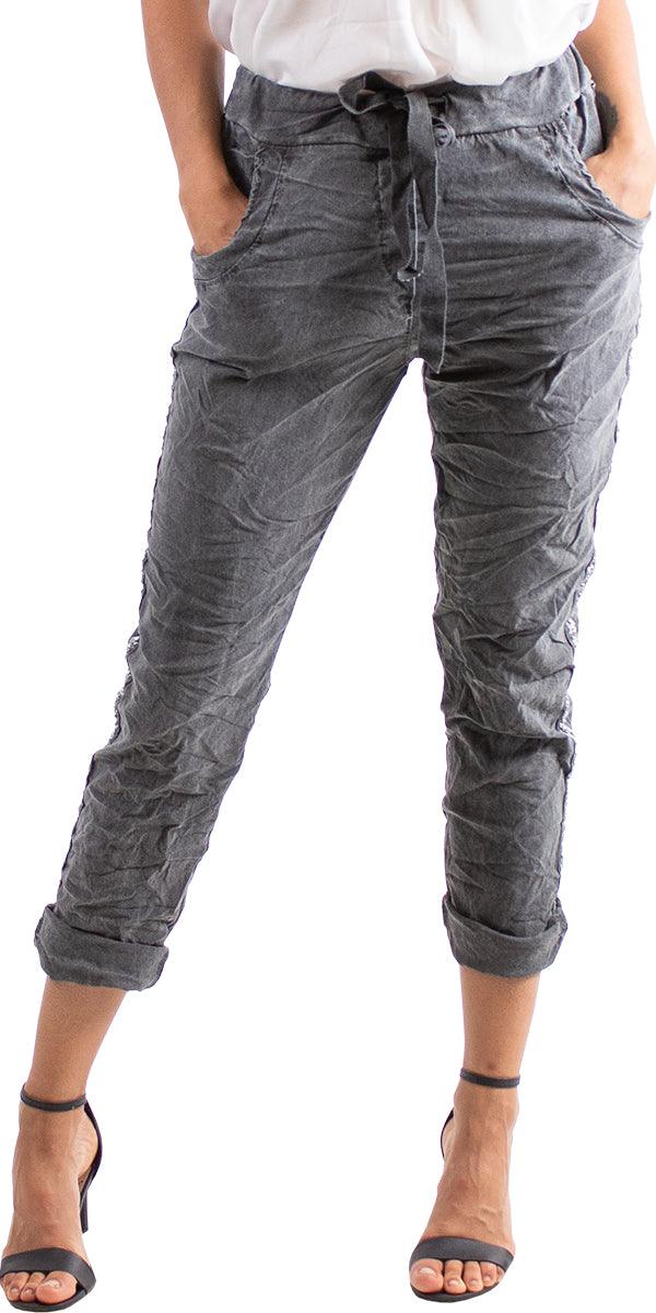 Caterina Cotton Pants - Gigi Moda - Made in Italy # blue, comfortable, comfy, cotton, cropped, gigi moda, gray, hot pink, made in italy, olive, pant, pants, silver stud, solid color, stretchy, stripes, tie at waist, white