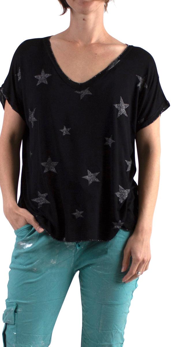 Diva T-Shirt - Gigi Moda - Made in Italy # blouse, gigi moda, glitter, star, star design, t shirt, tee shirt, top, v neck, v-neck tee