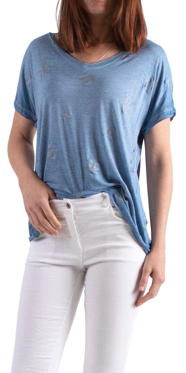 Diva T-Shirt - Gigi Moda - Made in Italy # blouse, gigi moda, glitter, star, star design, t shirt, tee shirt, top, v neck, v-neck tee