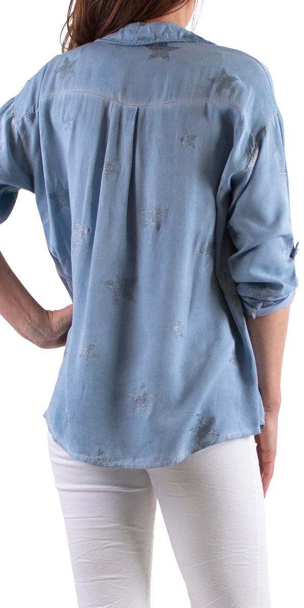 Spazio Button Down Shirt - Gigi Moda - Made in Italy # 100% viscose, button down, collared, Gigi Moda, italian apparel, italian brand, Italian Clothing, italian shirt, Made in Italy, online shopping, OS, shop gigi moda, star design, star print, Top, viscose top