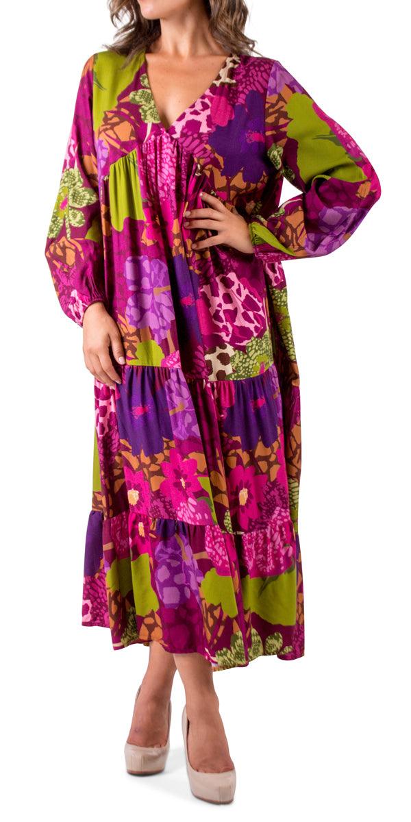 Carina Maxi Dress - Gigi Moda - Made in Italy # Bell sleeve, dress, flower print, Gigi Moda, Made in Italy, Maxi, Maxi Dress, maxi length, Sleeves, tiered ruffle, V Neck