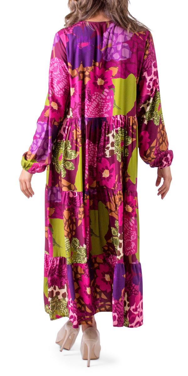 Carina Maxi Dress - Gigi Moda - Made in Italy # Bell sleeve, dress, flower print, Gigi Moda, Made in Italy, Maxi, Maxi Dress, maxi length, Sleeves, tiered ruffle, V Neck