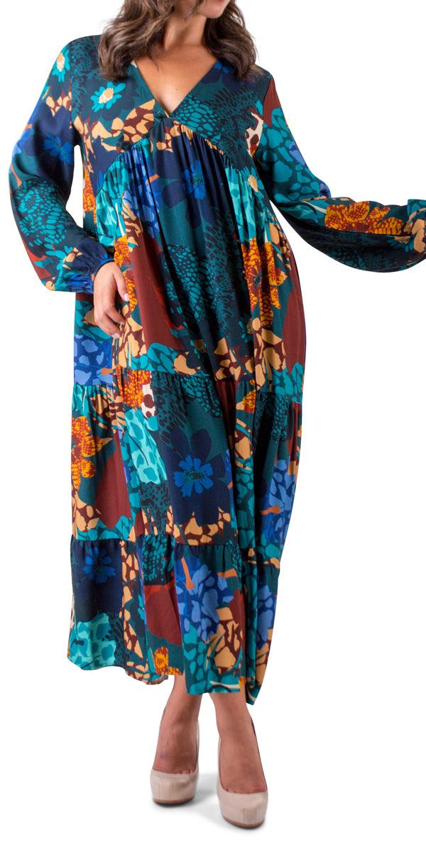 Carina Maxi Dress - Gigi Moda - Made in Italy # Bell sleeve, dress, flower print, Gigi Moda, Made in Italy, Maxi, Maxi Dress, maxi length, Sleeves, tiered ruffle, V Neck