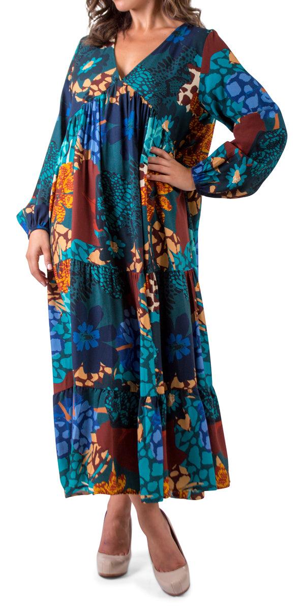 Carina Maxi Dress - Gigi Moda - Made in Italy # Bell sleeve, dress, flower print, Gigi Moda, Made in Italy, Maxi, Maxi Dress, maxi length, Sleeves, tiered ruffle, V Neck
