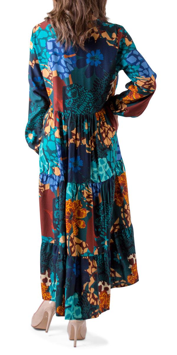 Carina Maxi Dress - Gigi Moda - Made in Italy # Bell sleeve, dress, flower print, Gigi Moda, Made in Italy, Maxi, Maxi Dress, maxi length, Sleeves, tiered ruffle, V Neck