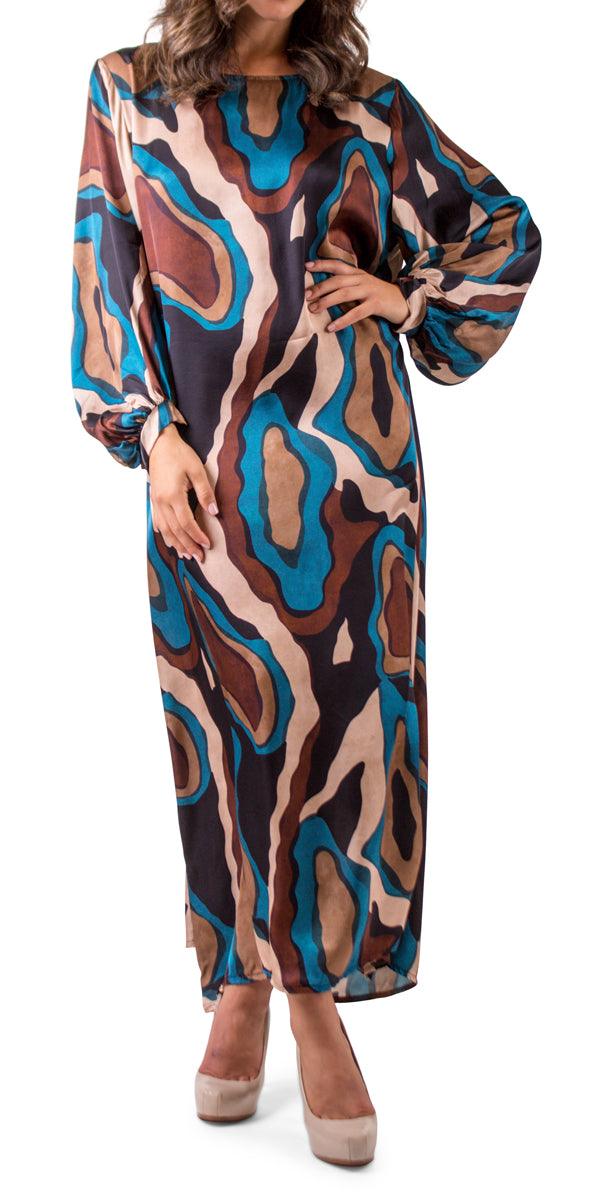 La Onda Maxi Dress - Gigi Moda - Made in Italy # abstract print, balloon sleeve, boat neck, Dress, gigi moda, Keyhole, made in italy, Maxi, Maxi Dress, maxi length, one size, Satin, viscose