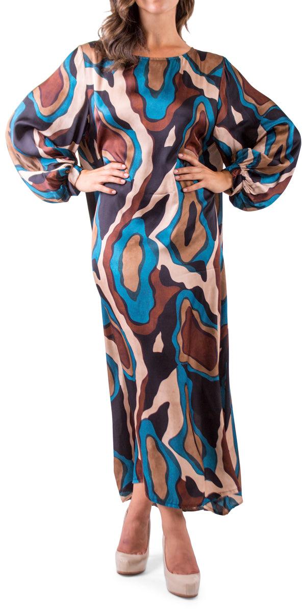 La Onda Maxi Dress - Gigi Moda - Made in Italy # abstract print, balloon sleeve, boat neck, Dress, gigi moda, Keyhole, made in italy, Maxi, Maxi Dress, maxi length, one size, Satin, viscose