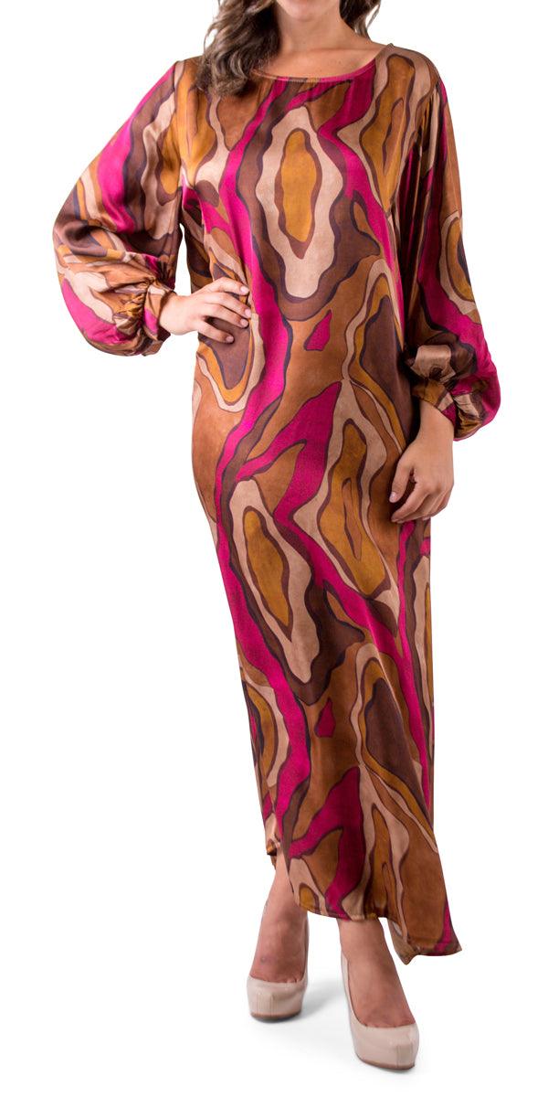 La Onda Maxi Dress - Gigi Moda - Made in Italy # abstract print, balloon sleeve, boat neck, Dress, gigi moda, Keyhole, made in italy, Maxi, Maxi Dress, maxi length, one size, Satin, viscose