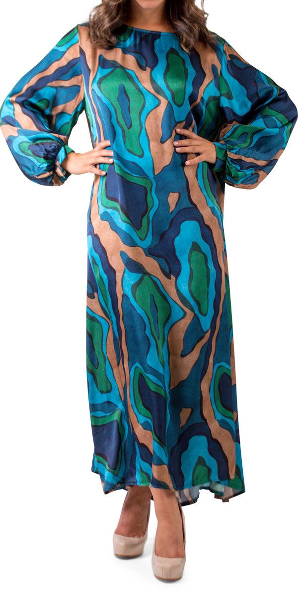 La Onda Maxi Dress - Gigi Moda - Made in Italy # abstract print, balloon sleeve, boat neck, Dress, gigi moda, Keyhole, made in italy, Maxi, Maxi Dress, maxi length, one size, Satin, viscose