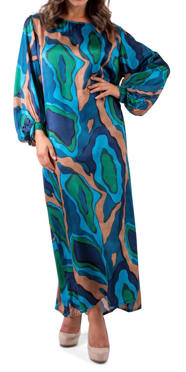 La Onda Maxi Dress - Gigi Moda - Made in Italy # abstract print, balloon sleeve, boat neck, Dress, gigi moda, Keyhole, made in italy, Maxi, Maxi Dress, maxi length, one size, Satin, viscose