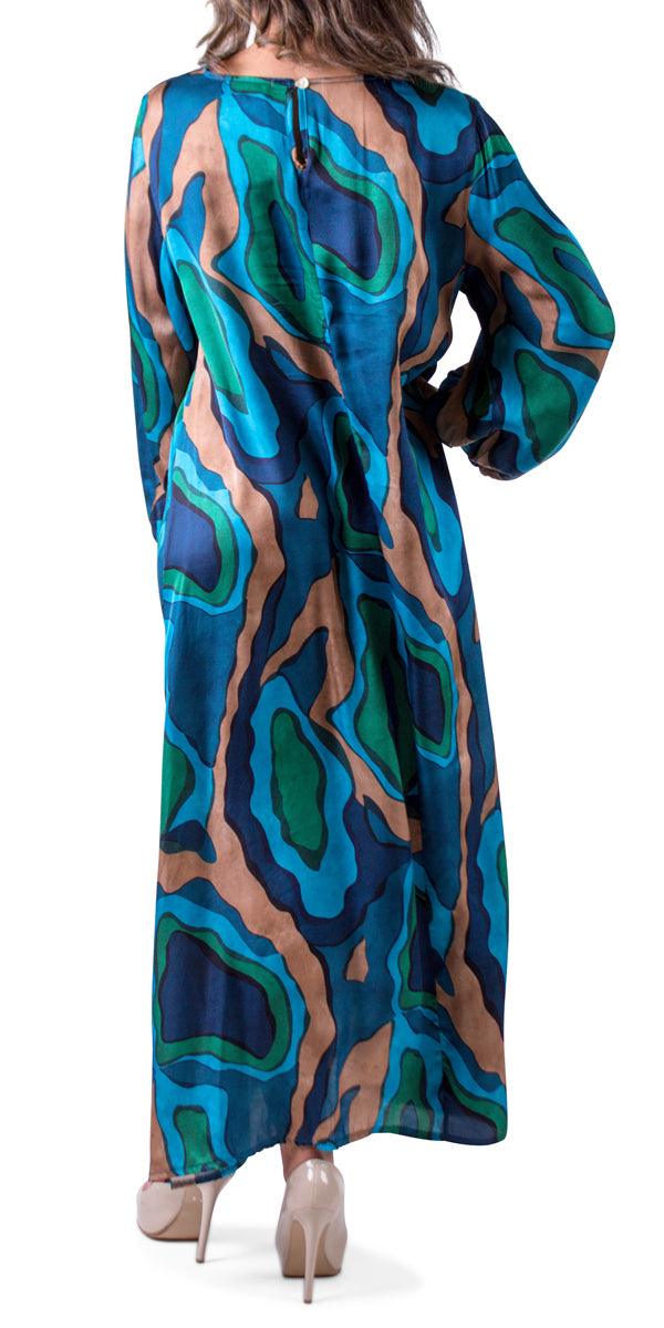 La Onda Maxi Dress - Gigi Moda - Made in Italy # abstract print, balloon sleeve, boat neck, Dress, gigi moda, Keyhole, made in italy, Maxi, Maxi Dress, maxi length, one size, Satin, viscose