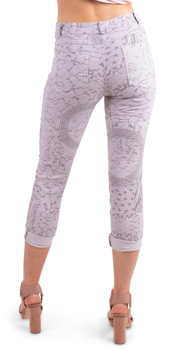 Antonella Greek Pant - Gigi Moda - Made in Italy # Cotton, cotton pants, Cotton Polyester, cuffed, denim, Gigi Moda, Graphic Print, Greece, Greek, Greek Print, italian denim, Made in Italy, Pants, Print, Zipper
