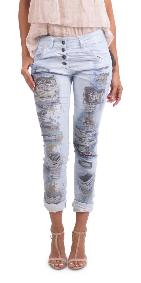 Distressed Animal Print Jeans - Gigi Moda - Made in Italy # animal print, comfy pant, Cotton, Gigi Moda, italian jeans, italian pants, metallic shine, Pants, washable