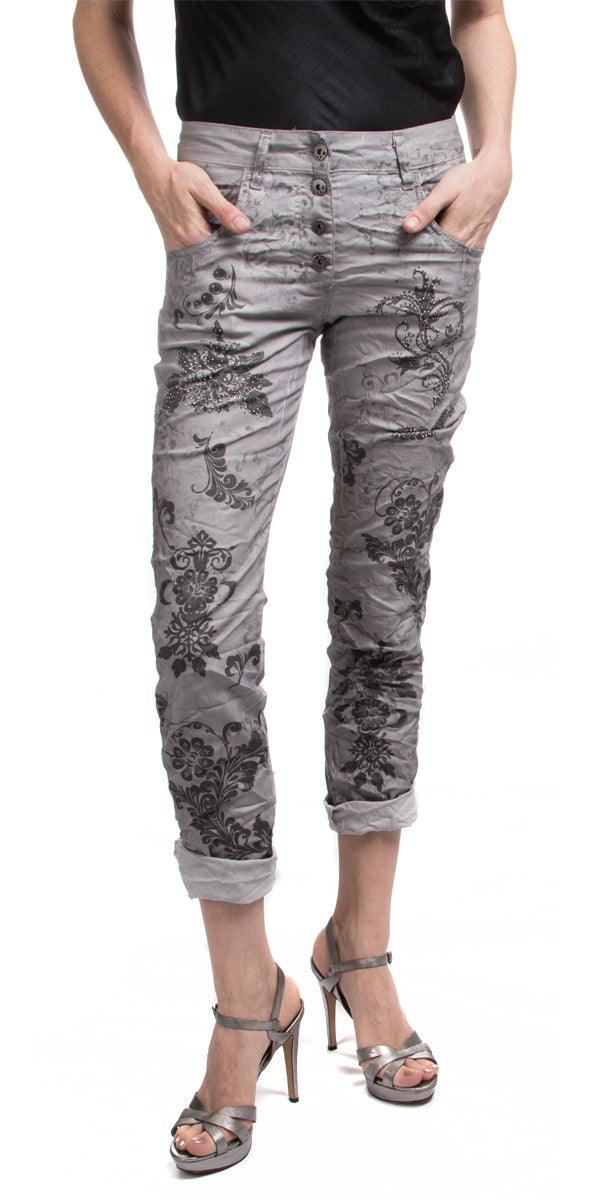 Arabesque Print Jean With Studs - Gigi Moda - Made in Italy # areabesque print, Cotton, Gigi Moda, jean, Made in Italy, Pants, Pockets, studded, studs