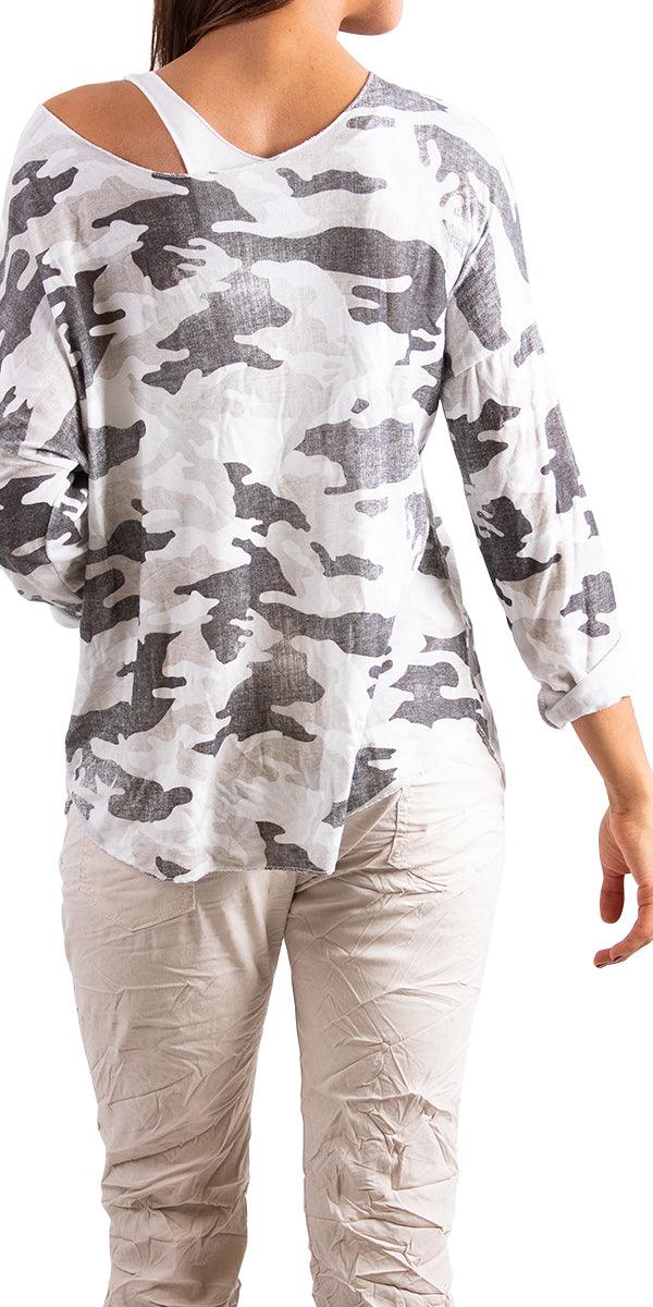 Vittoria Camo Sweater - Gigi Moda - Made in Italy # 65102, Camo, Camo print, casual, fall, free shipping, gigi moda, italian top, made in italy, one size, OS, resort, resort wear, round neck, silver Hem, Sweater, taupe, two-piece