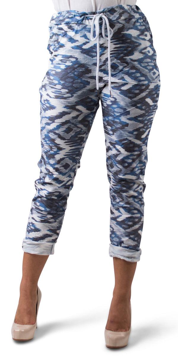 Cornelia Ikat Pant - Gigi Moda - Made in Italy # cropped, cropped pant, Cropped pants, drawstring, drawstring pant, drawstring pants, Gigi Moda, ikat, ikat print, Italian Clothing, linen, Made in Italy, Pants, stretchy, summer, Tie waist, washable
