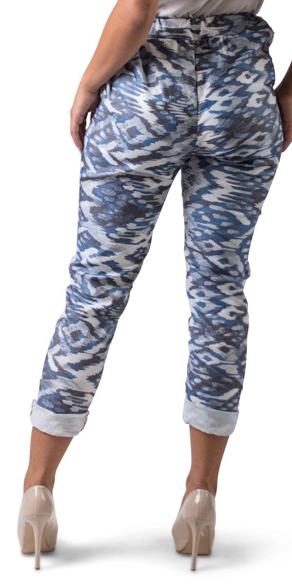 Cornelia Ikat Pant - Gigi Moda - Made in Italy # cropped, cropped pant, Cropped pants, drawstring, drawstring pant, drawstring pants, Gigi Moda, ikat, ikat print, Italian Clothing, linen, Made in Italy, Pants, stretchy, summer, Tie waist, washable