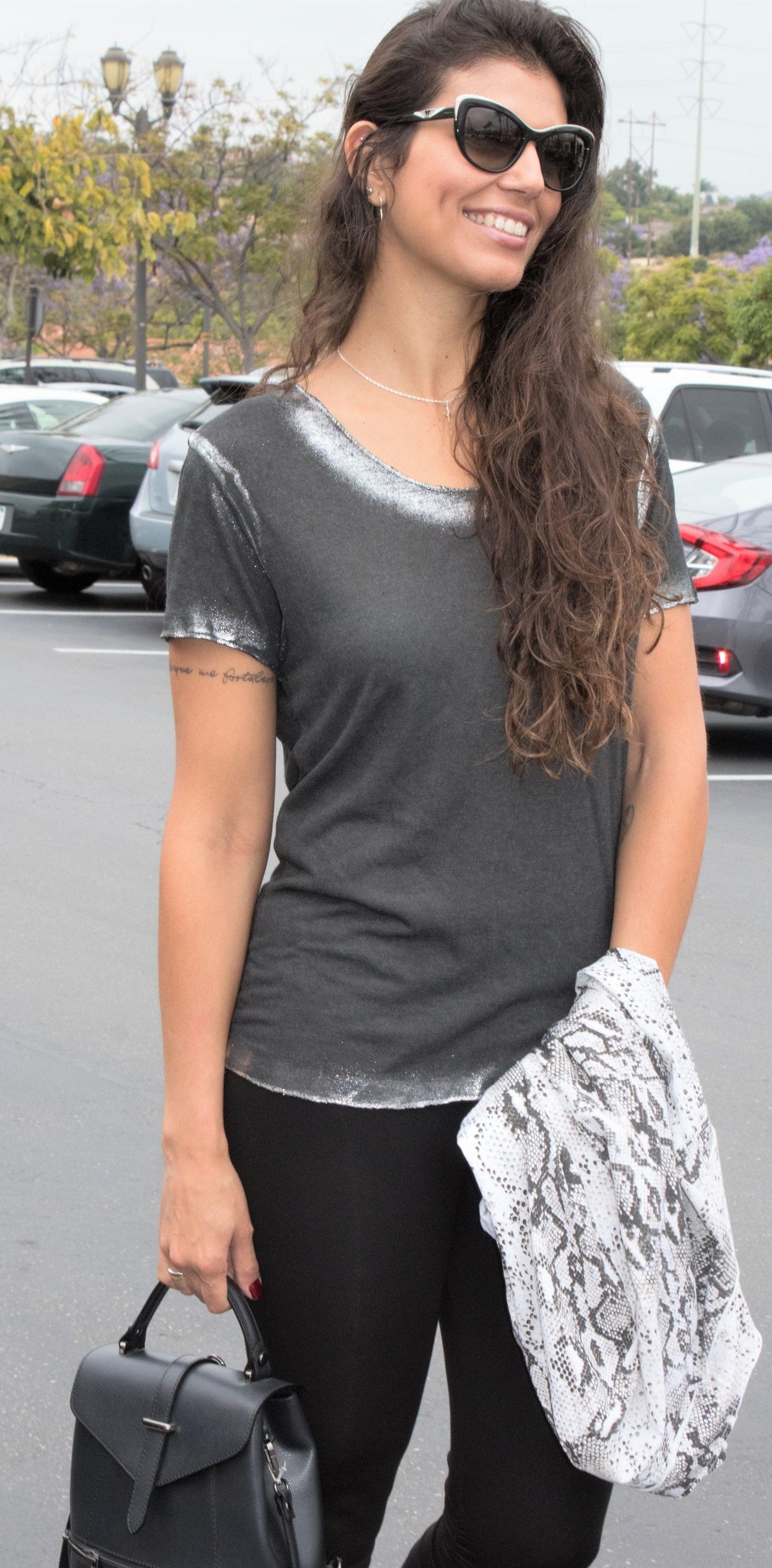 Lunia T-Shirt - Gigi Moda - Made in Italy # 8323, Gigi Moda, italian top, Made in Italy, metallic shine, one size, OS, resort, resort wear, Silver edges, washable