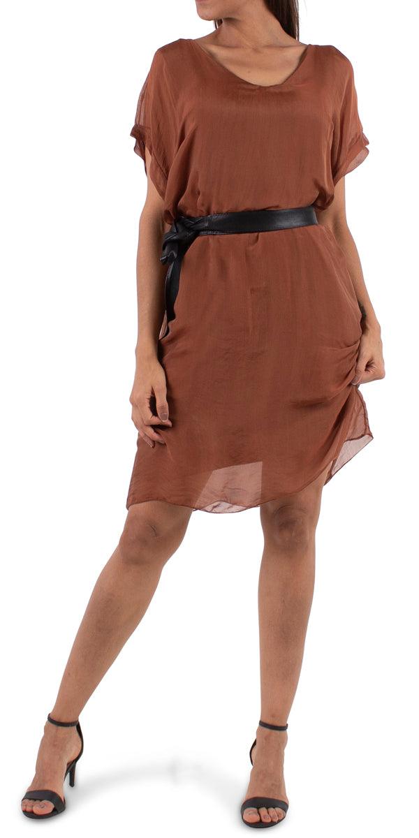 Teramo Silk Dress - Gigi Moda - Made in Italy # 100% Silk, free shipping, italian silk, italian silk dress, knee length dress, lose fitting, Made in Italy, round neck, short sleeve dress, silk dress