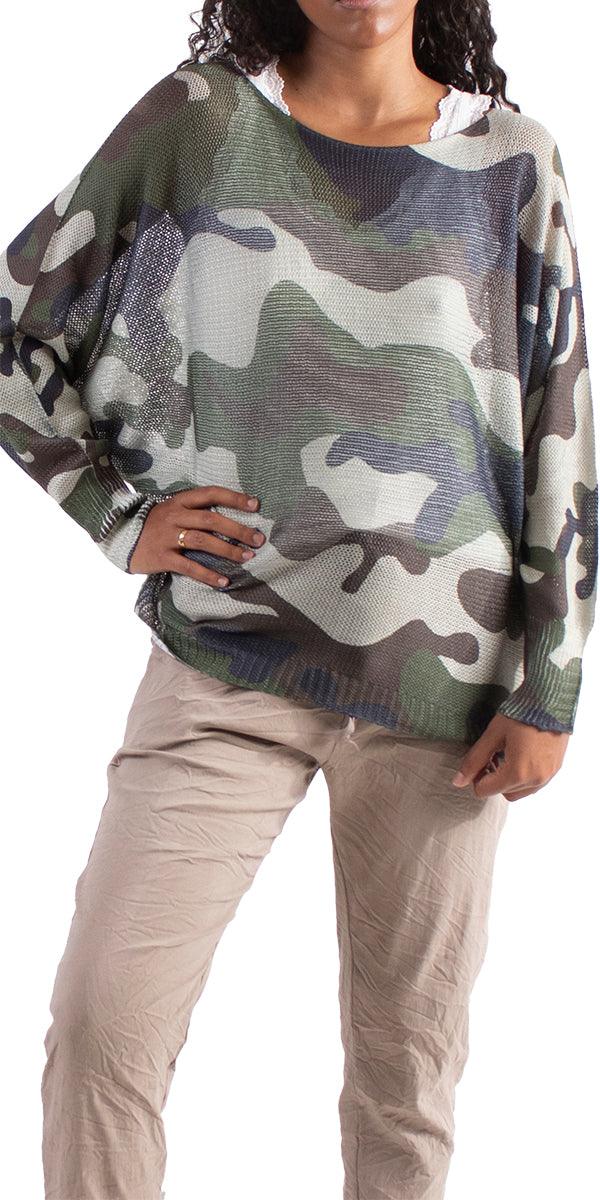 Emy Batwing Sweater With Camo Print