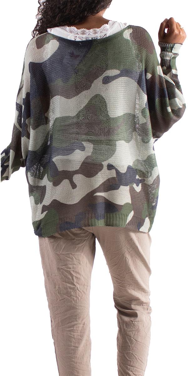 Emy Batwing Sweater With Camo Print - Shop Gigi Moda - Made in Italy # Blouse, comfortable, comfortable fit, Cozy, fall, Gigi Moda, Italian Clothing, italian top, Long Sleeve, Made in Italy, one size, Sleeves, Sweater, Top, washable, womens clothing, Womens Tops