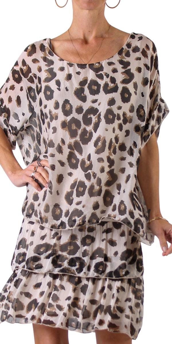 Monica Leopard Print Silk Kaftan - Gigi Moda - Made in Italy # animal print, blouse, comfy top, gigi moda, Italian Clothing, Kaftan, Leopard Print, Made in Italy, one size, Round Neck, Silk, top, washable