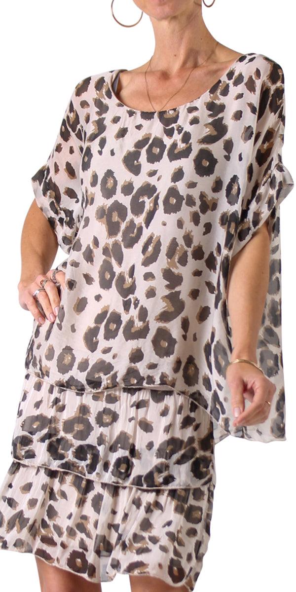 Monica Leopard Print Silk Kaftan - Gigi Moda - Made in Italy # animal print, blouse, comfy top, gigi moda, Italian Clothing, Kaftan, Leopard Print, Made in Italy, one size, Round Neck, Silk, top, washable
