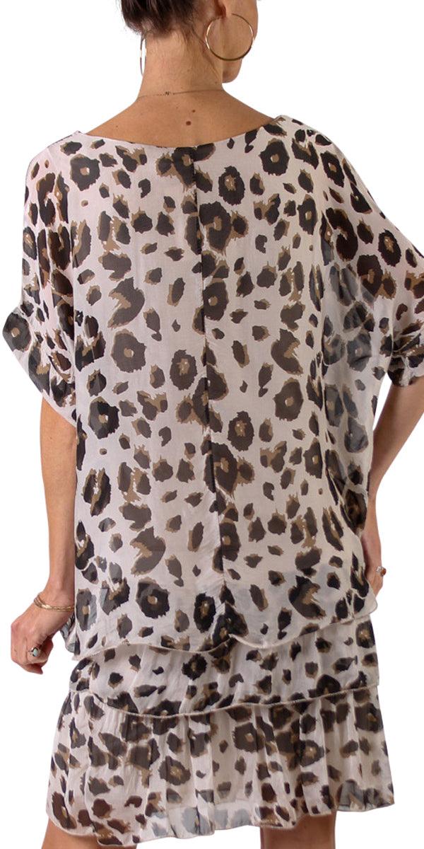 Monica Leopard Print Silk Kaftan - Gigi Moda - Made in Italy # animal print, blouse, comfy top, gigi moda, Italian Clothing, Kaftan, Leopard Print, Made in Italy, one size, Round Neck, Silk, top, washable