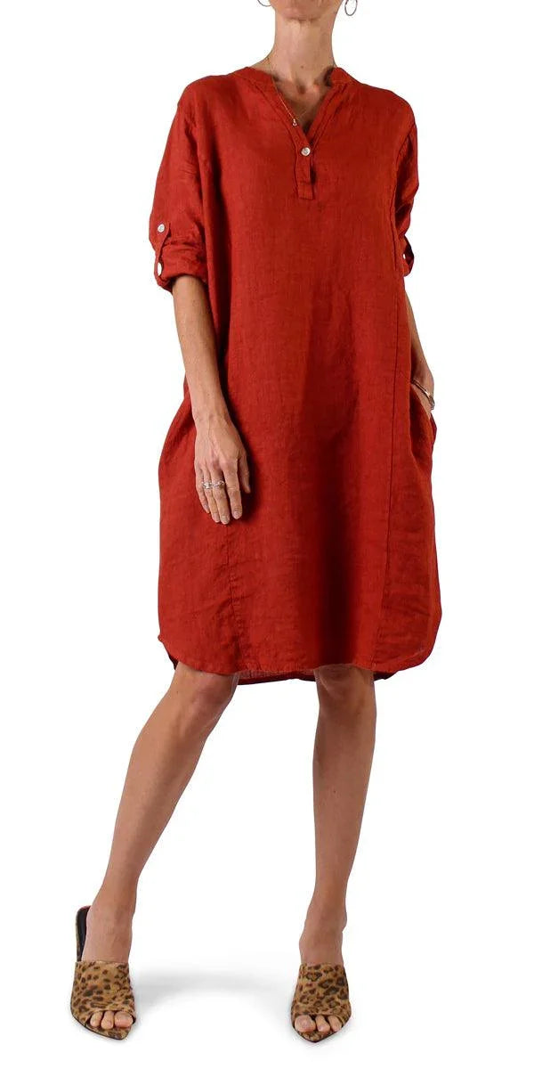 Mandarin Collar Linen Dress Rust Mandarin Collar Linen Dress Rust