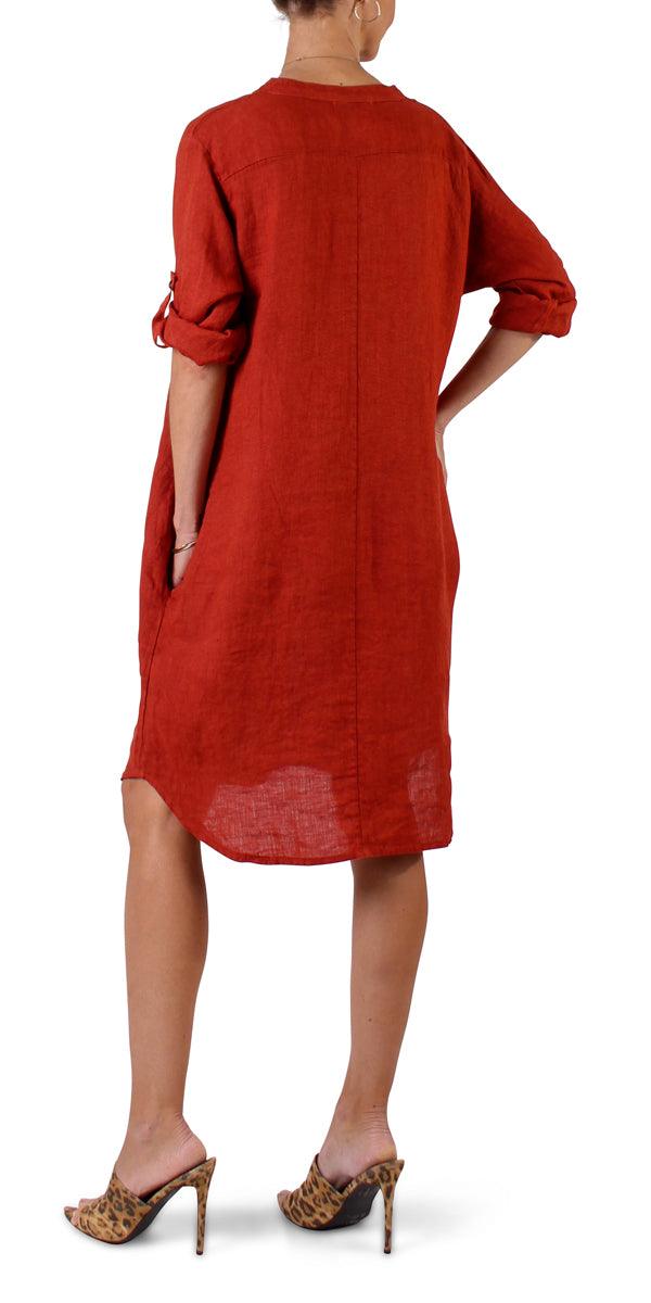 Mandarin Collar Linen Dress - Gigi Moda - Made in Italy # 100% Linen, Dress, free shipping, Gigi Moda, Linen, Made in Italy, mandarin collar, one size, OS, pockets, resort, resort wear, short sleeve dress, spring, summer