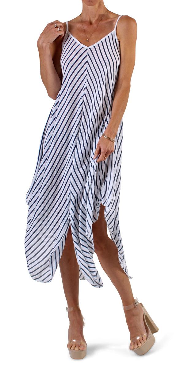 Il Lido Striped Dress - Gigi Moda - Made in Italy # beach dress, Dress, Gigi Moda, midi dress, resort wear, sharkbite hemline, Sleeveless, Spaghetti Strap, spaghetti strap dress, striped dress, stripes