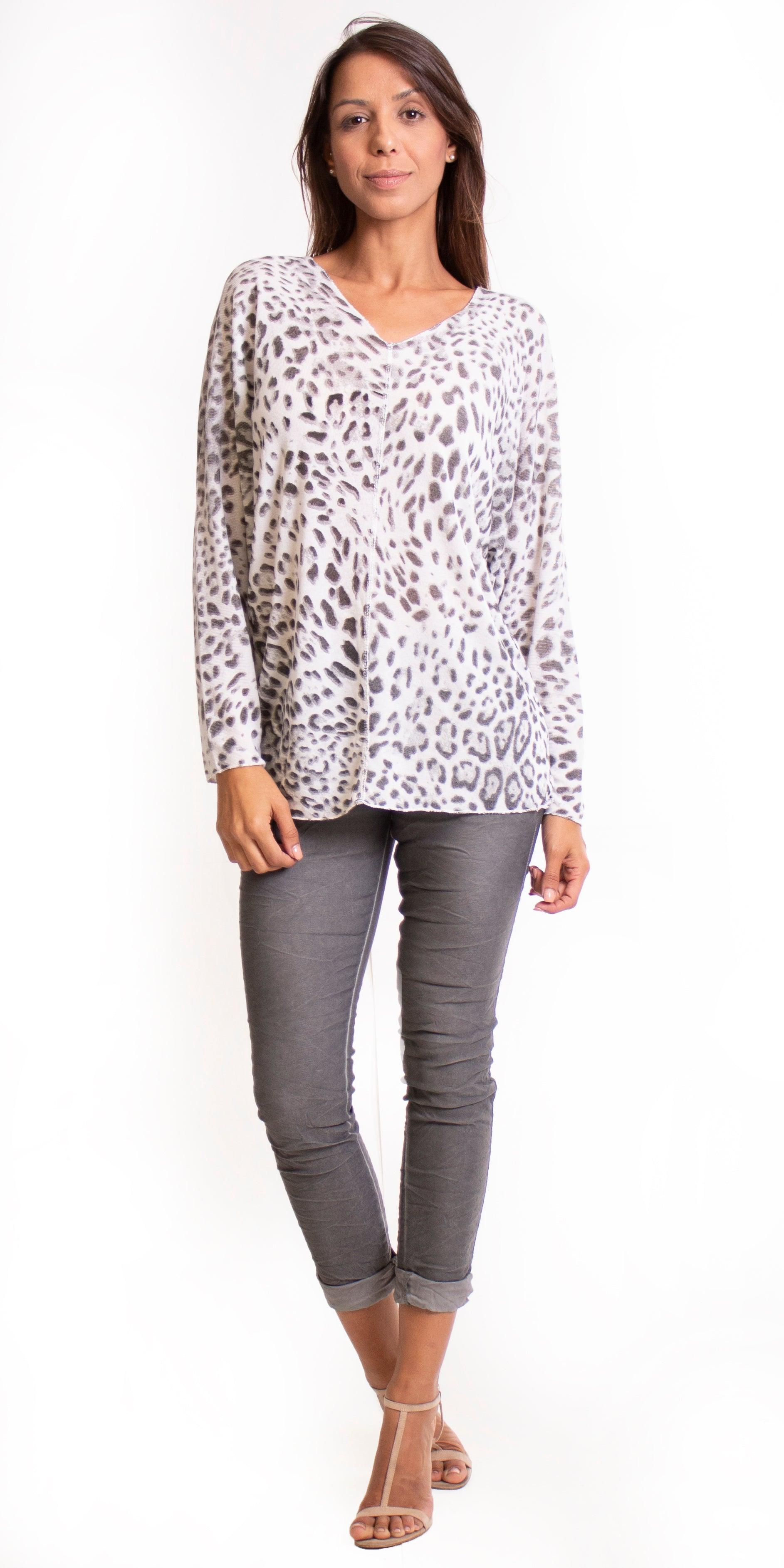 Cammie Leopard Sweater - Gigi Moda - Made in Italy # cream, double v neck, free shipping, lake green, leopard, made in italy, olive, polyester, resort, resort wear, silver threading, viscose, white