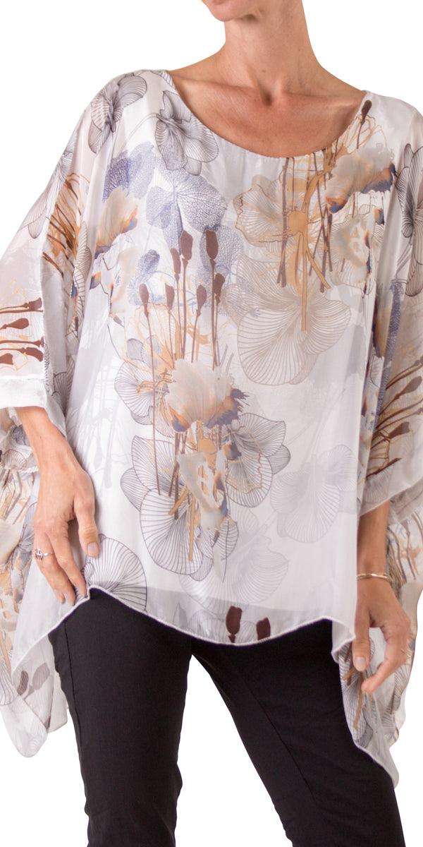 Seta Fall Floral Kaftan - Gigi Moda - Made in Italy # 100% Silk, Blouse, floral, floral design, Floral Print, gigi moda, italian silk blouse, Kaftan, Made in Italy, OS, resort, resort wear, Silk, silk blouse