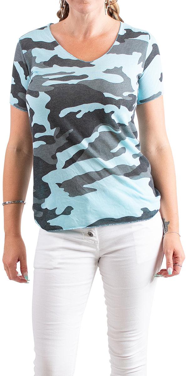 Apuma Camo Top - Gigi Moda - Made in Italy # blue, Camo, Camo print, gray, tee shirt, v-neck tee, white
