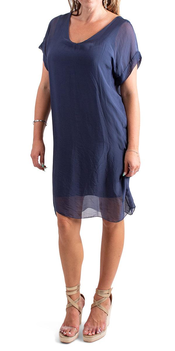 Teramo Silk Dress - Gigi Moda - Made in Italy # 100% Silk, free shipping, italian silk, italian silk dress, knee length dress, lose fitting, Made in Italy, round neck, short sleeve dress, silk dress