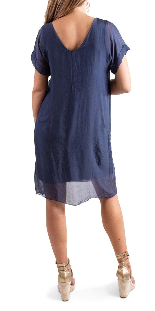 Teramo Silk Dress - Gigi Moda - Made in Italy # 100% Silk, free shipping, italian silk, italian silk dress, knee length dress, lose fitting, Made in Italy, round neck, short sleeve dress, silk dress