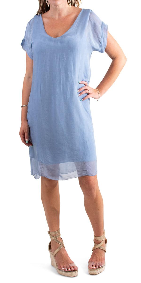 Teramo Silk Dress - Gigi Moda - Made in Italy # 100% Silk, free shipping, italian silk, italian silk dress, knee length dress, lose fitting, Made in Italy, round neck, short sleeve dress, silk dress