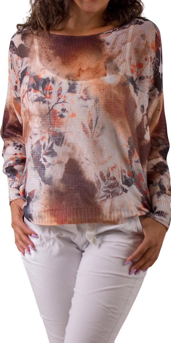 Donatella Sweater with Abstract Floral Print - Gigi Moda - Made in Italy # Blouse, comfortable, comfortable fit, Cozy, floral design, Floral Print, Gigi Moda, Italian Clothing, italian top, Long Sleeve, Made in Italy, Sleeves, Sweater, Top, washable, womens clothing, Womens Tops