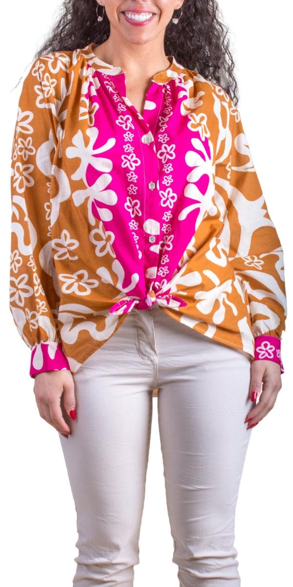 Two-Tone Aloha Print Shirt - Gigi Moda - Made in Italy # 100% Cotton, aloha print, button down, front tie, Gigi Moda, italian apparel, italian brand, Italian Clothing, italian shirt, Made in Italy, mandarin collar, online shopping, OS, shirt, shop gigi moda, Top