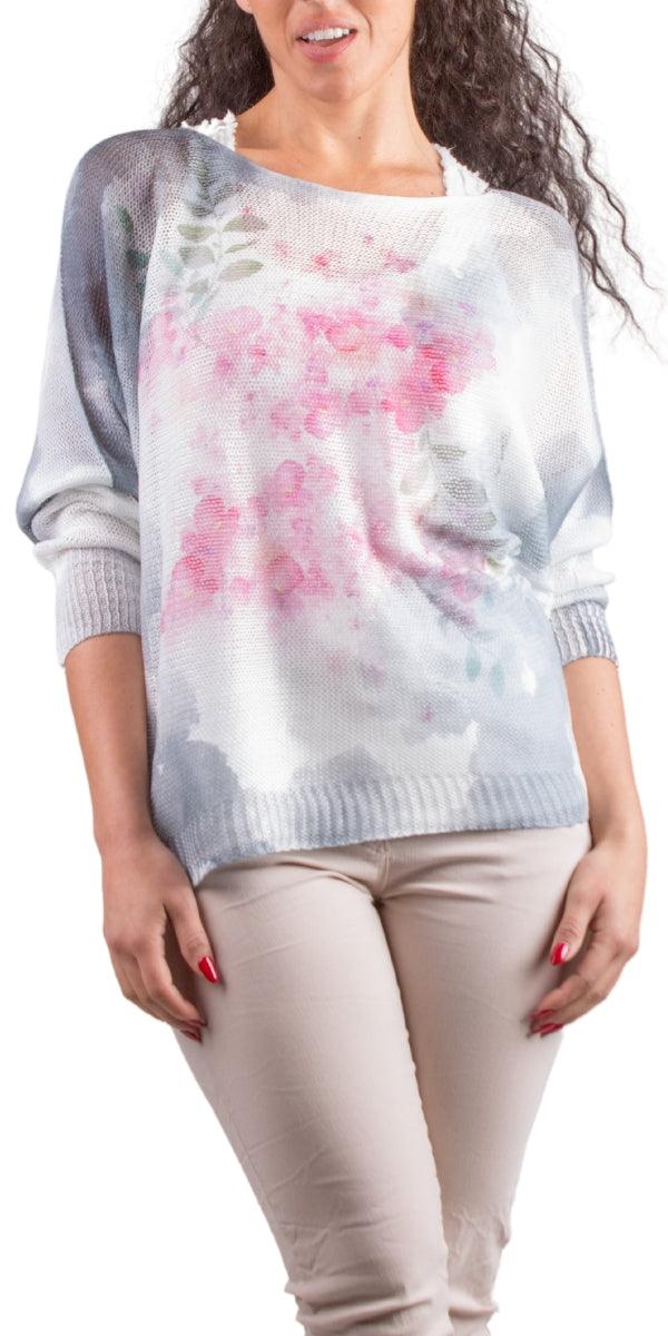 Donatella Blossom Sweater - Gigi Moda - Made in Italy # batwing, floral design, floral pattern, Floral Print, Gigi Moda, italian top, Made in Italy, mesh, multicolor, one size, print, sweater