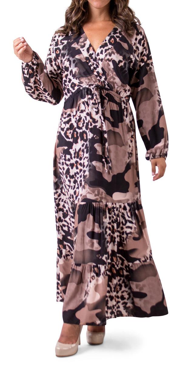 Safari Print Maxi Dress - Gigi Moda - Made in Italy # animal print, balloon sleeve, Camo, Camo print, Dress, Gigi Moda, Leopard Print, Made in Italy, Maxi Dress, ruffle dress, tie at waist